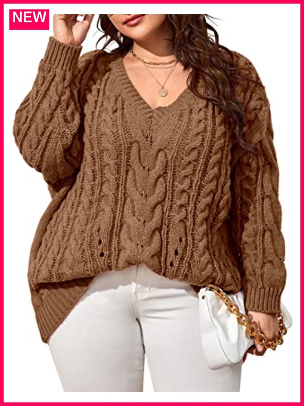 Plus Size Cable Knit V Neck Sweater Long Sleeve Pullover Loose Fit